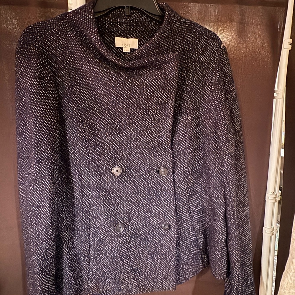 LOFT Blue and white Cowl Neck Sweater jacket Chunky Knit Sz L